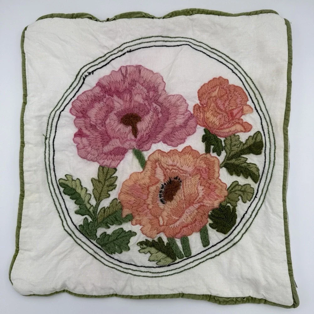 Vrg 80s Current Completed Embroidery Pillow Case Floral Poppies 16x16 Grannycore